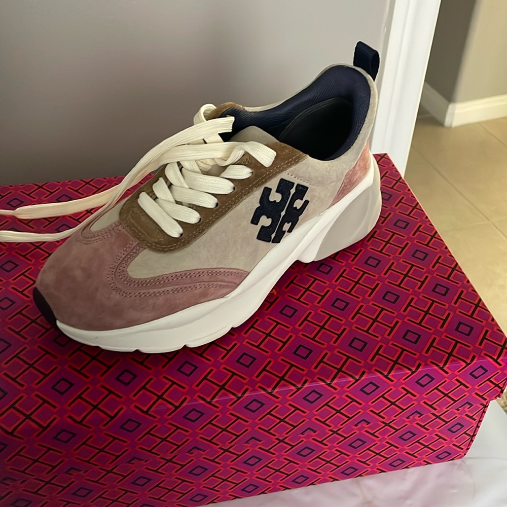 Suede Cream/Navy/Pink Tory Burch Tennis Shoes size 5